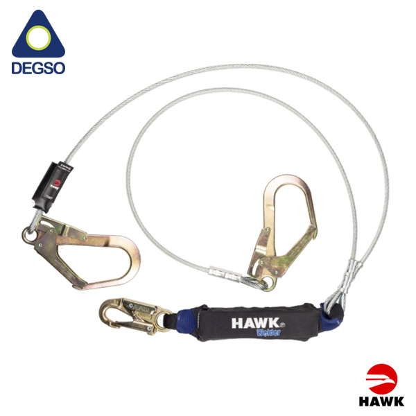 Eslinga de vida doble brazo de cable 1/4&quot; recubierto de vinil de 1,8 m con ganchos grandes diámetro de apertura 50 mm. Con paquete absorbedor. Cumple EN 355:2002
