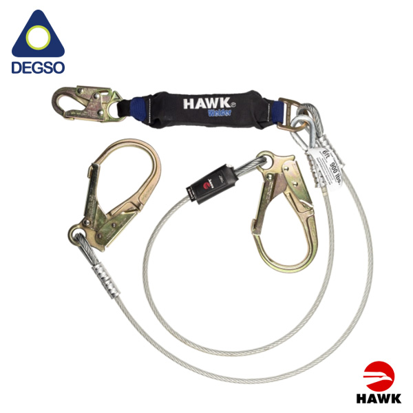 Eslinga de vida doble brazo de cable 5/16&quot; recubierto de vinil de 1,8 m con ganchos grandes diámetro de apertura 60 mm. Con paquete absorbedor. Cumple ANSI Z359.13-2013